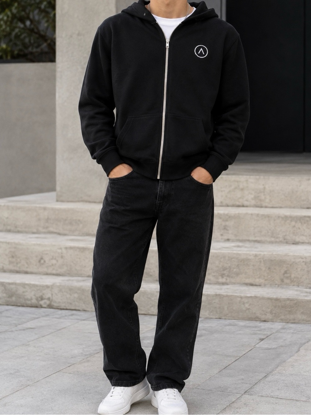 Marine Layer Black Full-Zip Hooded Sweater with Subtle Logo